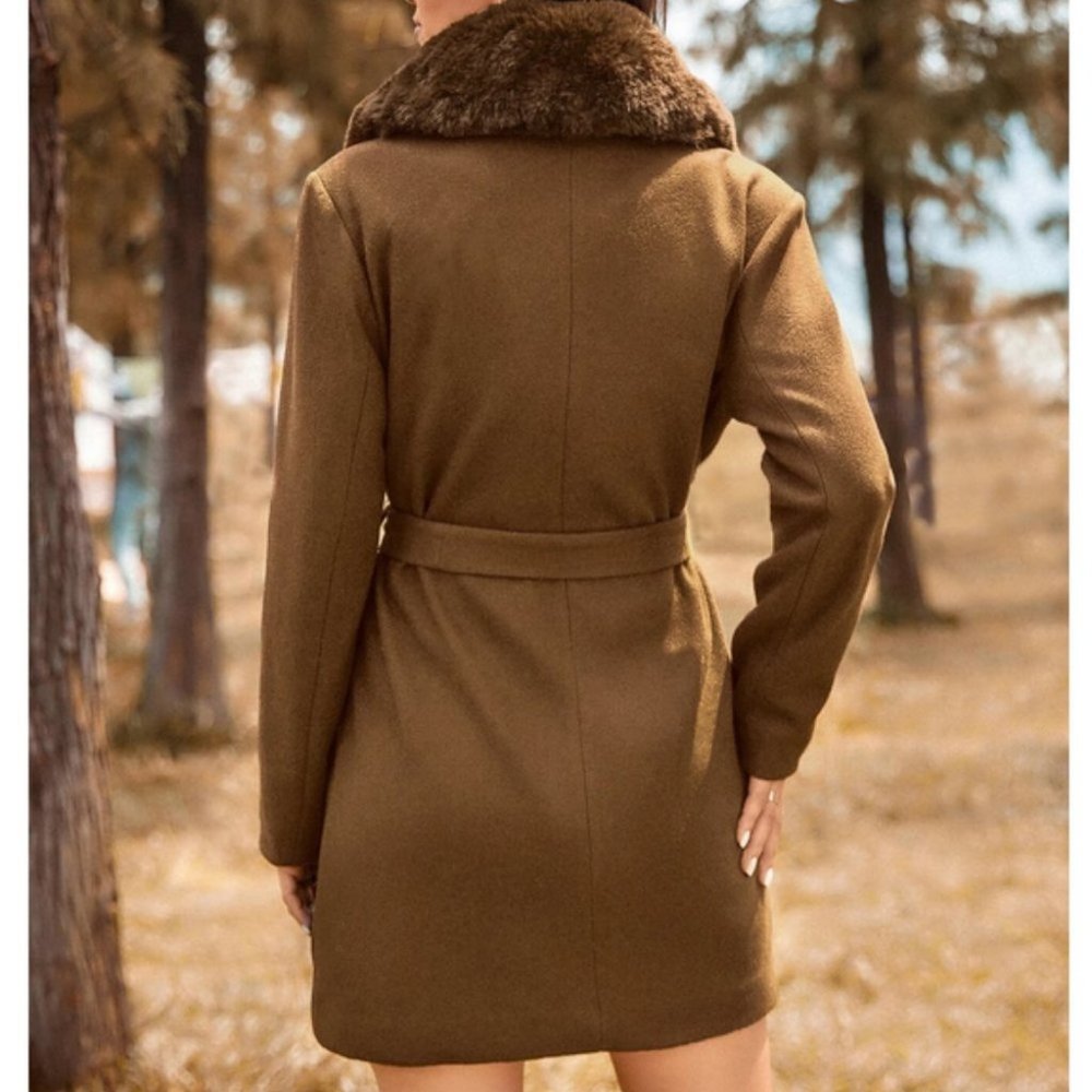 Boho Brown Faux fur trimmed neckline belted overcoat jacket - Picture 6 of 6